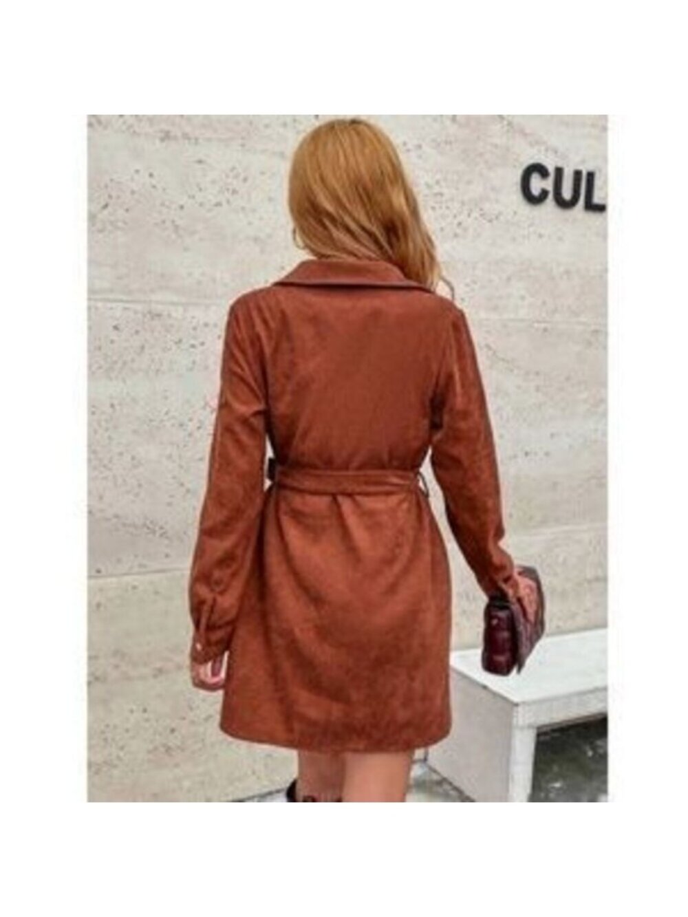 Corduroy Rust Brown Casual Button Up Shirt Style Belted Mini Dress Long Sleeves - Picture 3 of 3